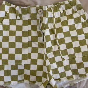 Papermoon Green and White Checkered High Waist Shorts